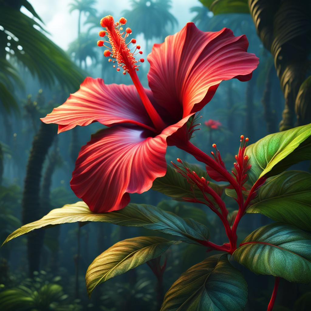 Vibrant Hibiscus Flower in Rainforest: Digital Matte Paintin...