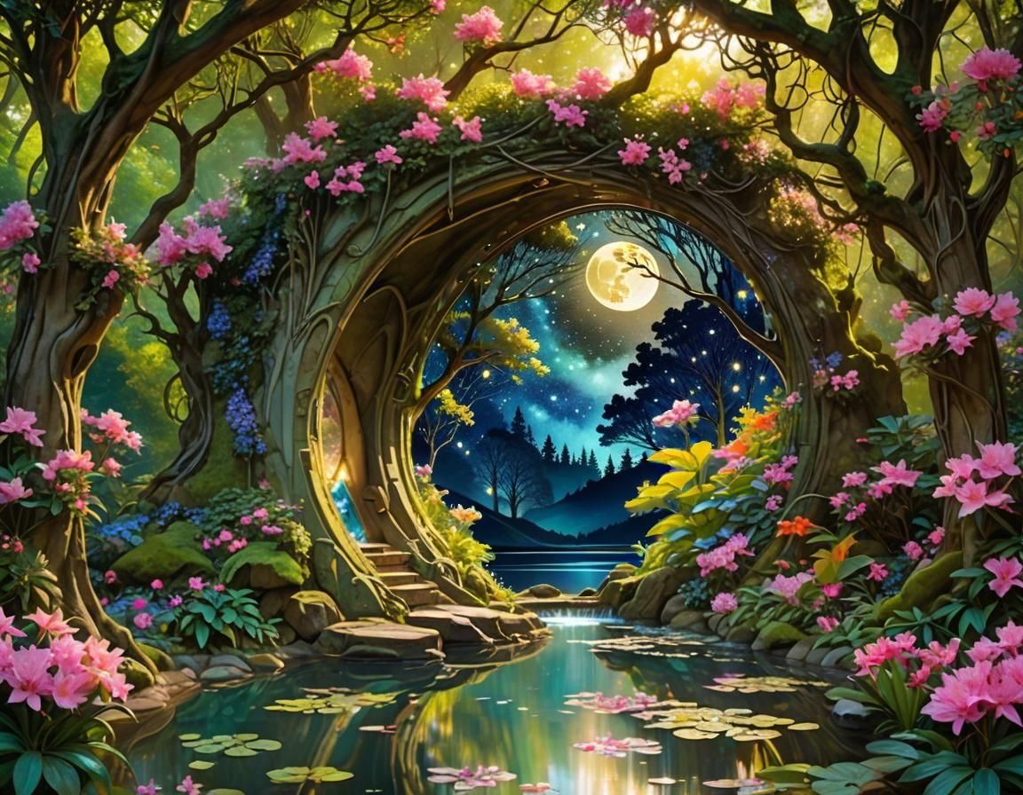 Enchanted Lake Portal Reflecting Starry Night Sky