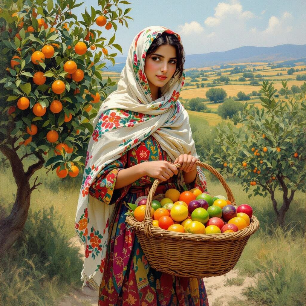 Palestinian Peasant Woman with Fruit Basket in Academic Styl...