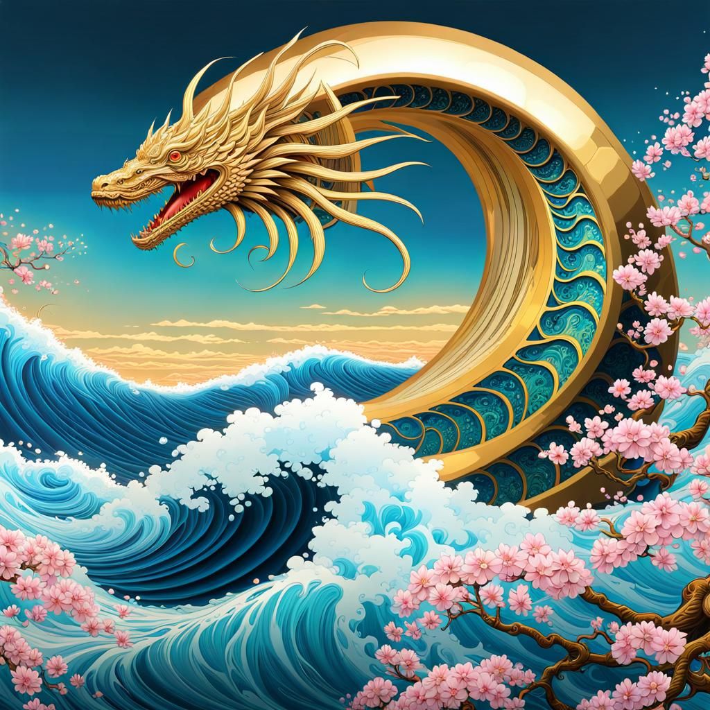 Sea Serpent Surfing Under Sakura: Fractal Art