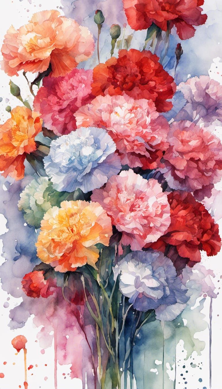 Polychromatic Carnation Bouquet in Watercolor Style