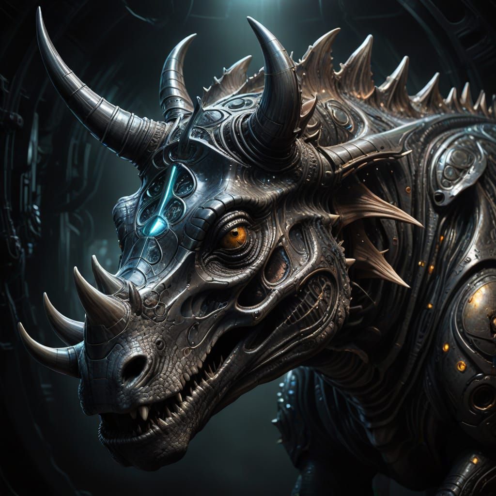 Cybernetic Triceratops Portrait in Dark Futuristic Style