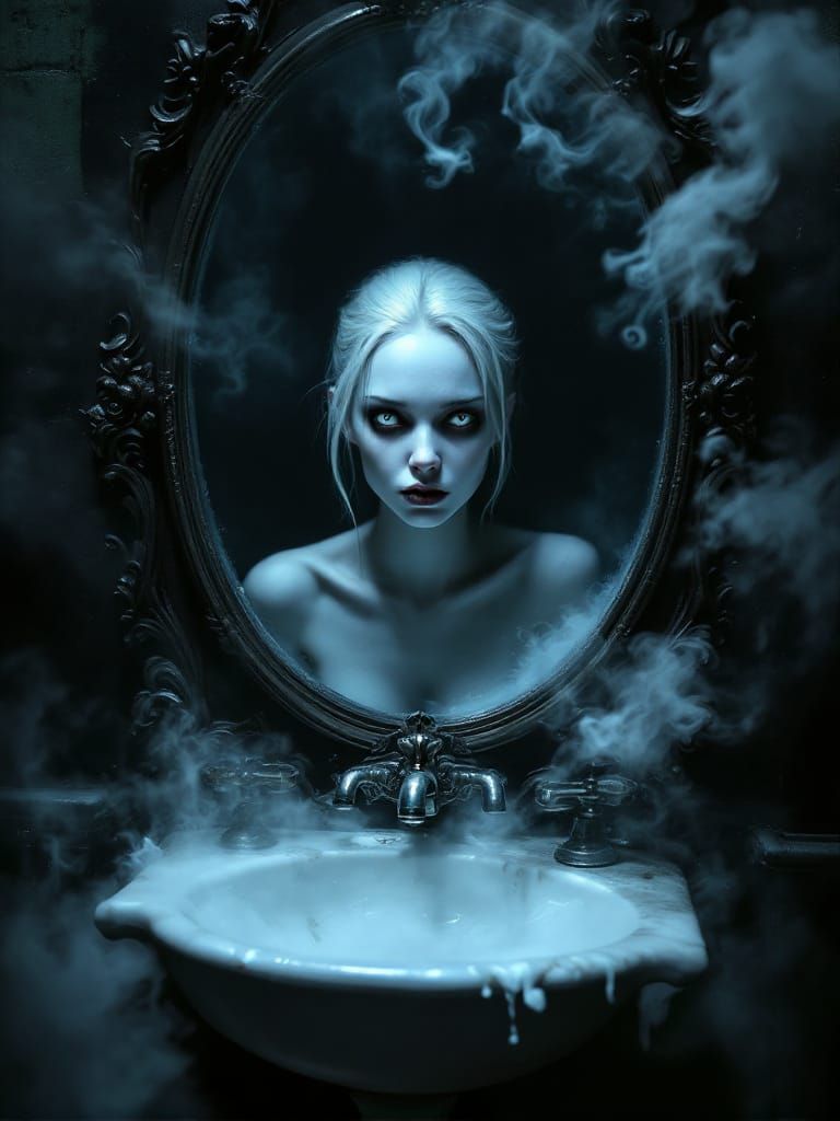 Ethereal Woman Stares from Antique Mirror in Gothic Horror