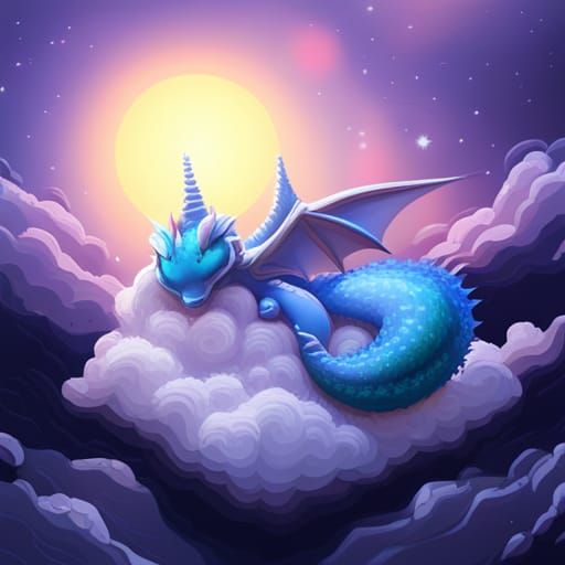 Blue Baby Dragon Sleeping on Clouds in 3D Digital Art