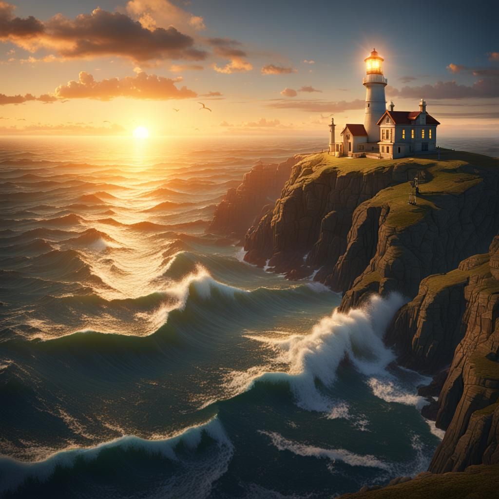 Ocean Bluff Lighthouse Sunset Art