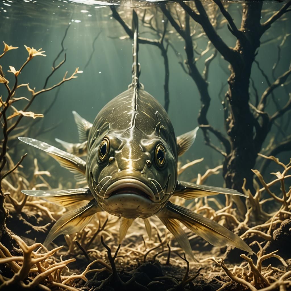 Golden Catfish in Underwater Tree Roots