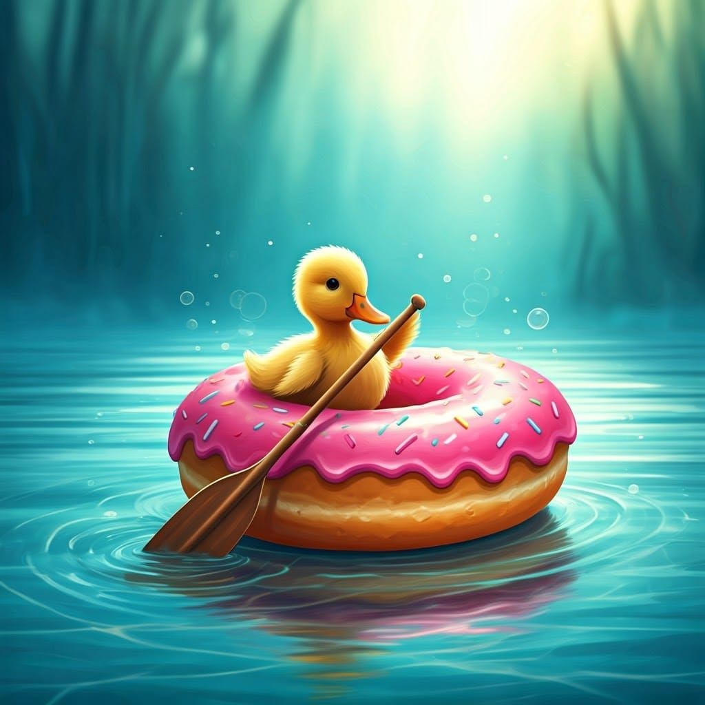 Cute Duckling Paddles Whimsical Donut Boat Through Sparkling...