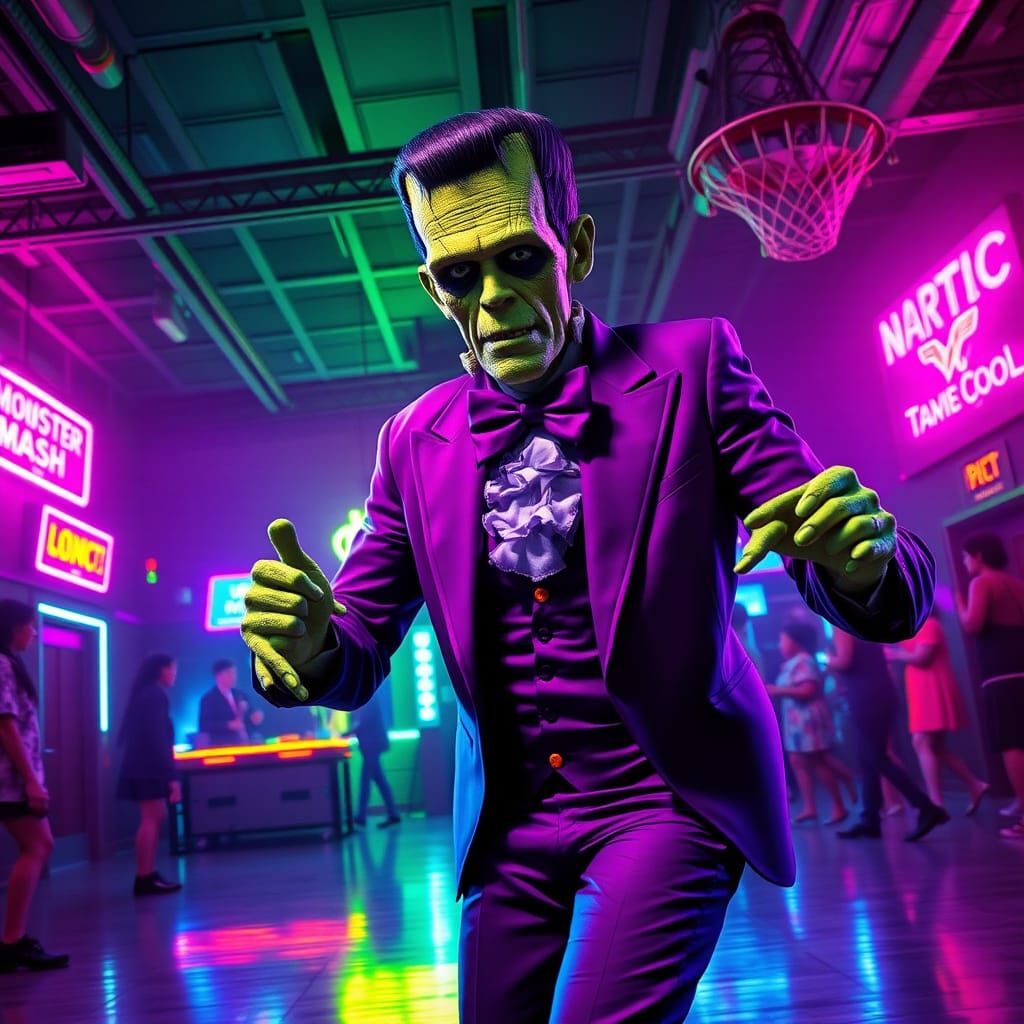 Frankenstein's Monster Mash in Neon 80s Style
