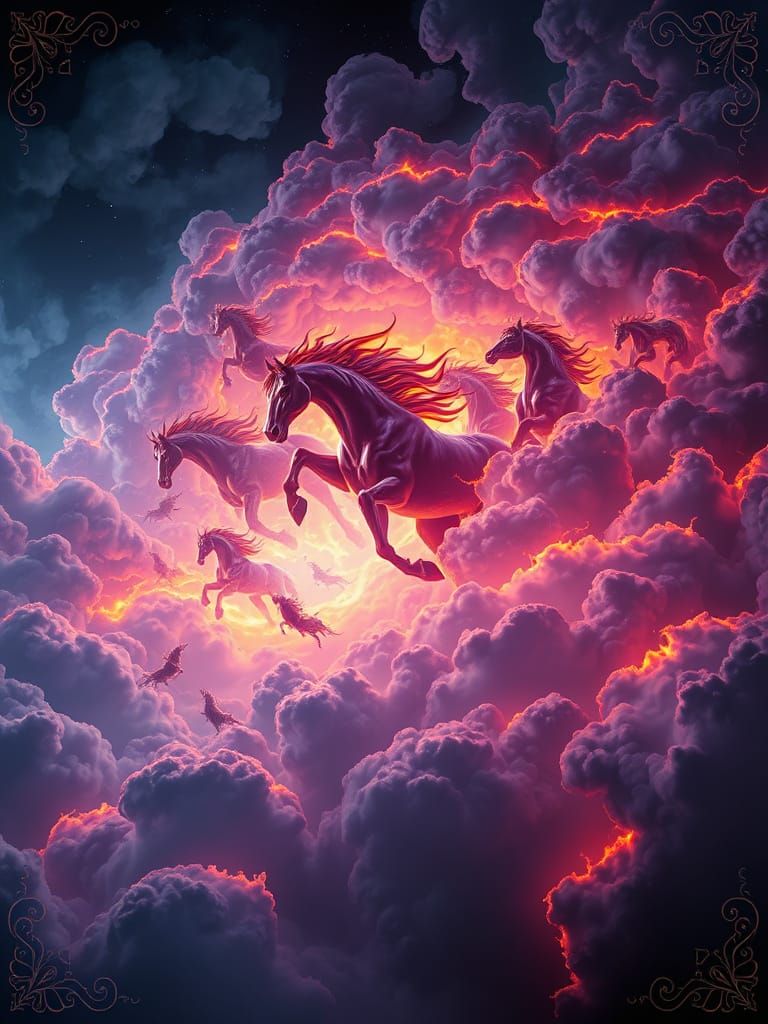 Epic Stampeding Stallions in Moody Celestial Clouds