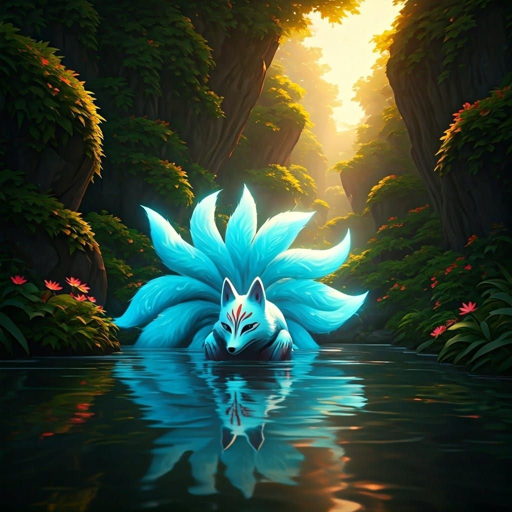 Mystical Kitsune Drifting in Tranquil River