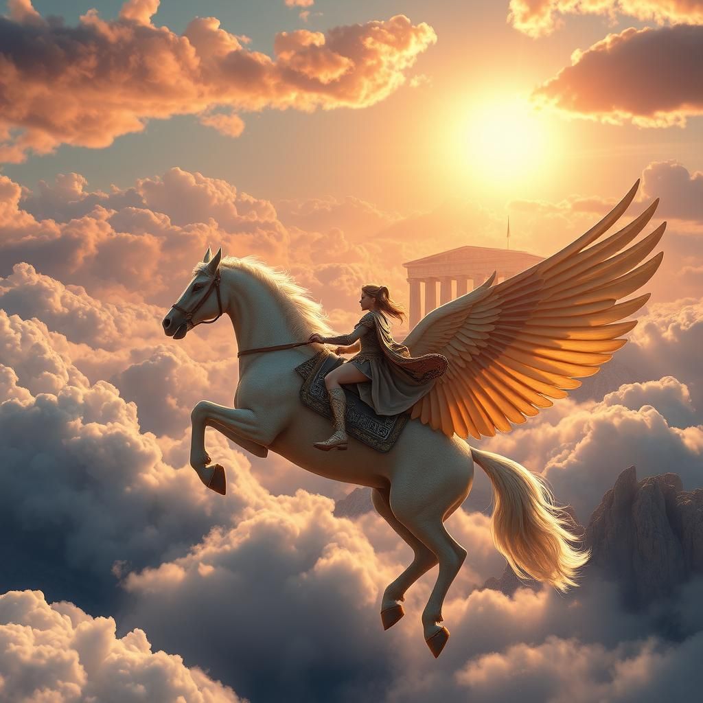 Greek Maiden Rides Pegasus to Sky Temple