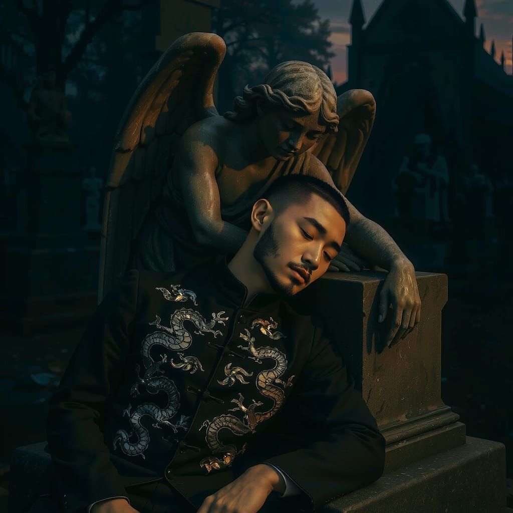 Chinese Man Asleep in Gothic Graveyard: Pre-Raphaelite Style