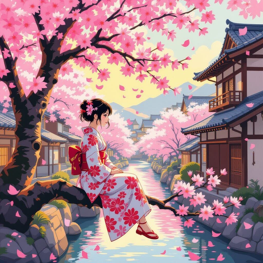Girl in Cherry Blossoms: Surreal Oil Painting in Anime Style