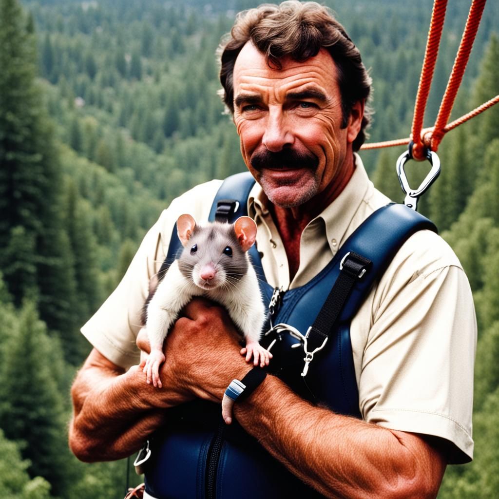 Tom Selleck taking his pet rat ziplining.