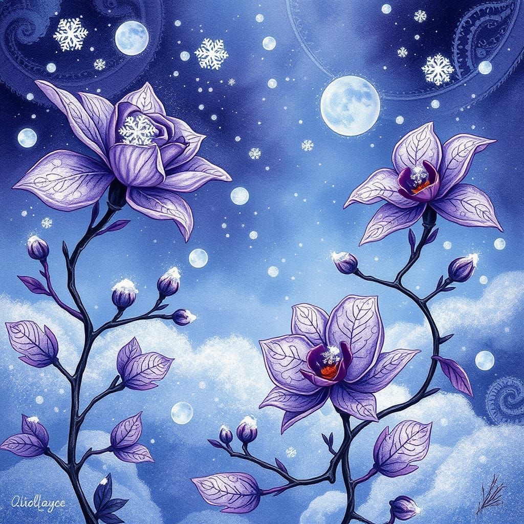 Whimsical Winter Scene in Icy Hues with Delicate Snowflakes