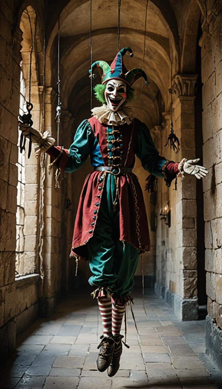 Scary Renaissance Jester Marionette in Castle Hallway