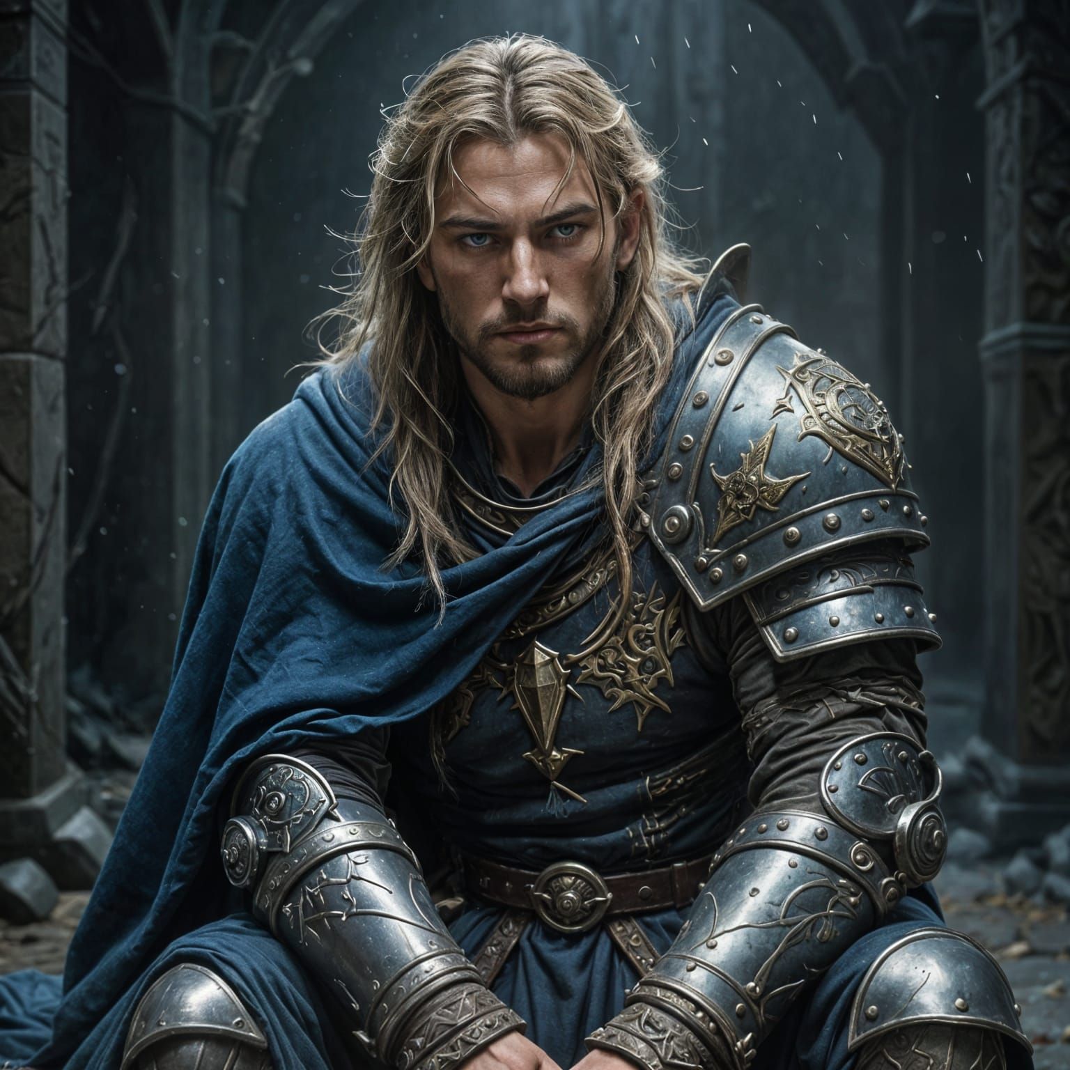 Battle-Scarred Warrior in Darkened Dungeon Depths