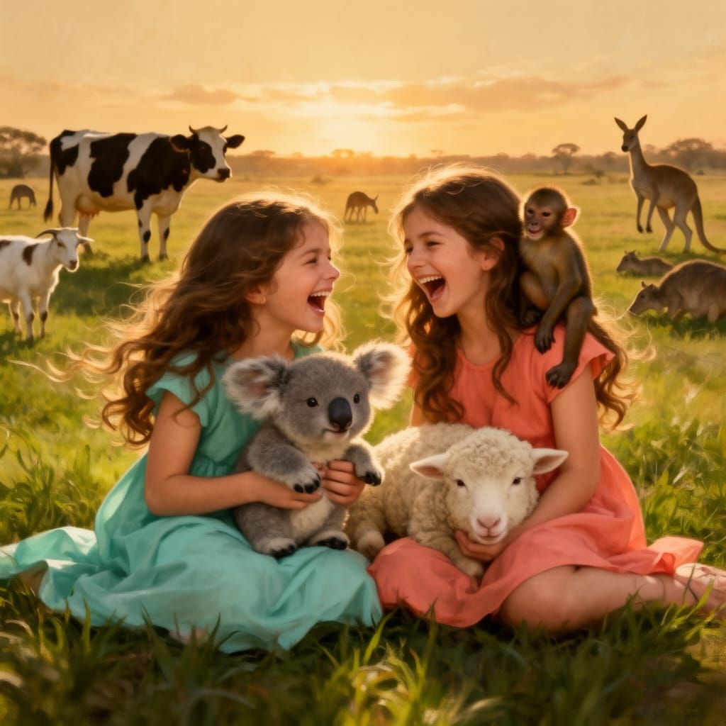 Girls Share Koala Cub in Sunlit Rural Field
