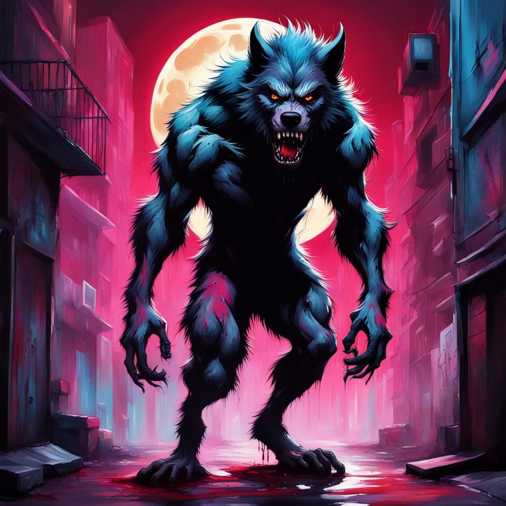 Scary Werewolf Graffiti Art Under Full Moon