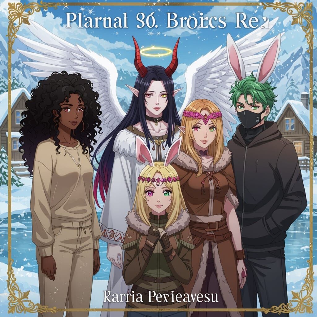 Anime Book Cover: Diverse Characters in Serene Snowy Landsca...