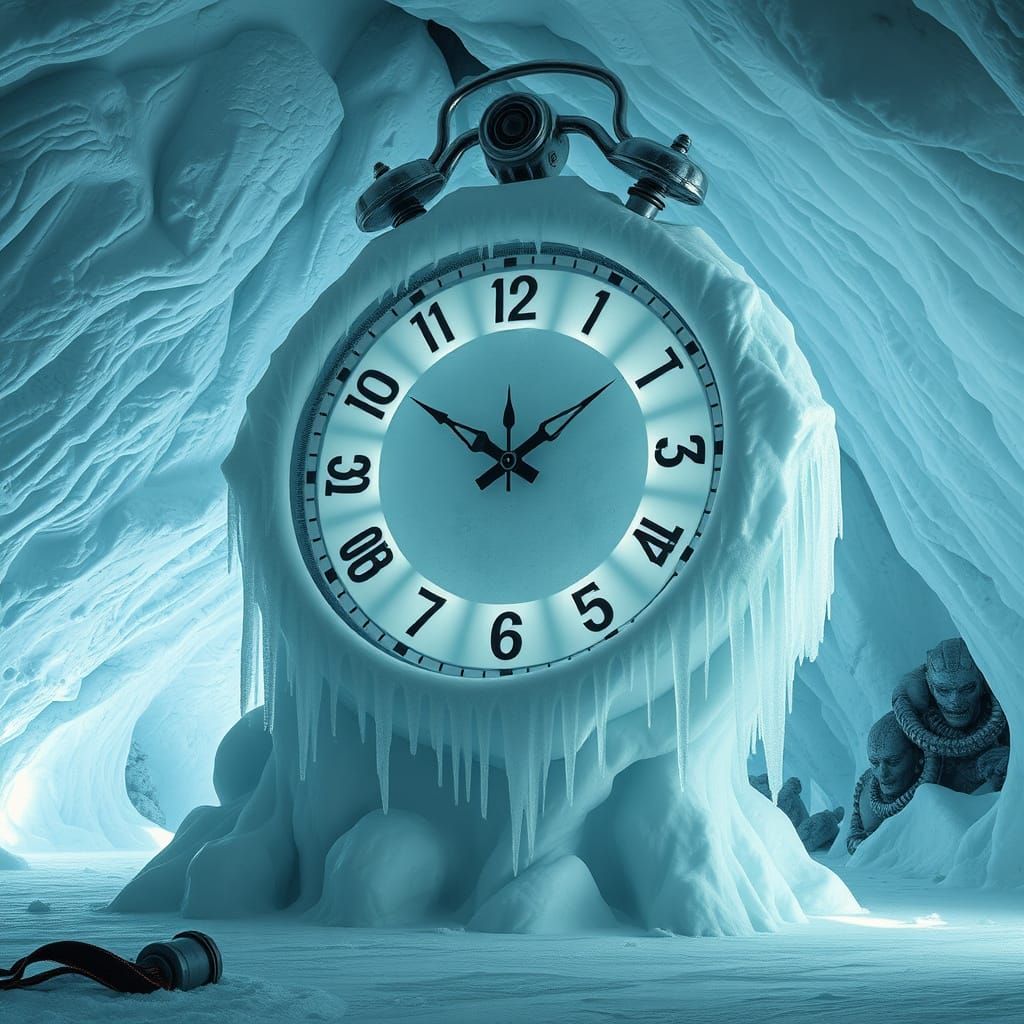 Frozen Clock Sculpture in a Bio-Mechanical Style