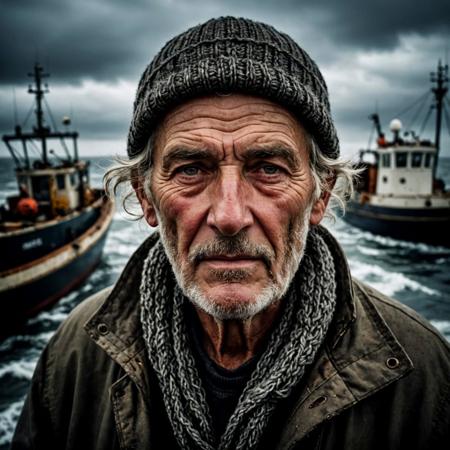 Weathered Fisherman in the Atlantic Storm