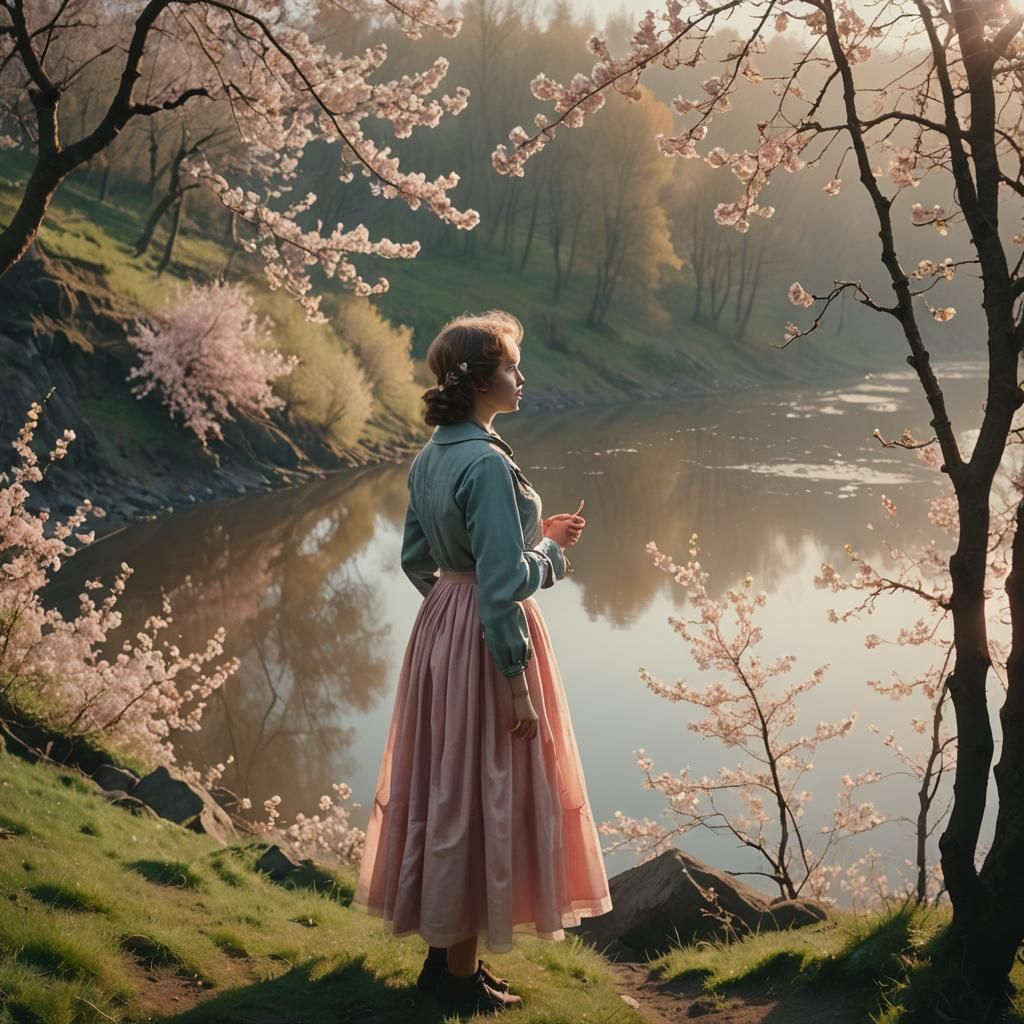 Woman Singing on Riverbank in Golden Hour