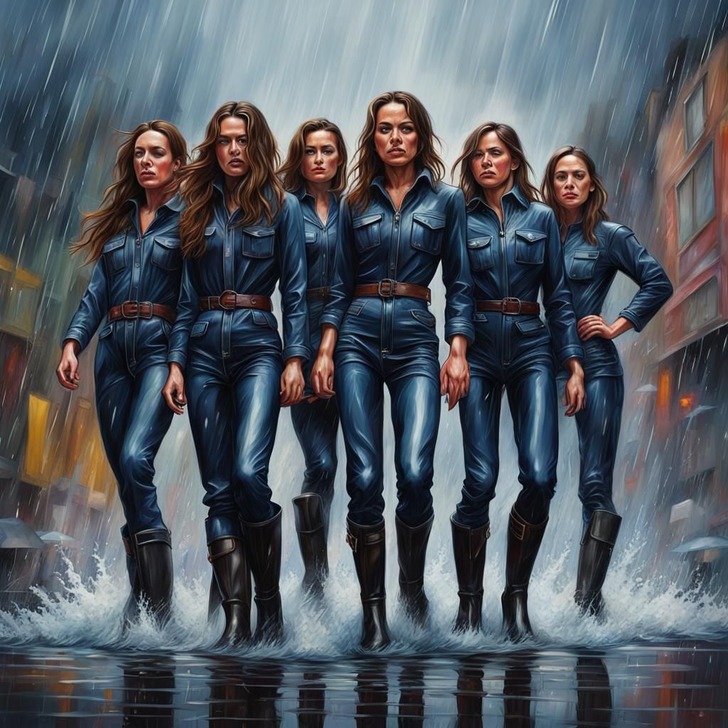 Brunette Women in Denim Catsuits Enjoying Rain, Splash Art