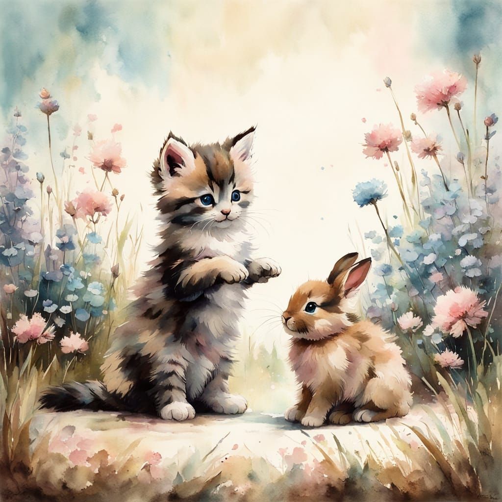 Watercolor Kitten and Rabbit Playing in Flower Field