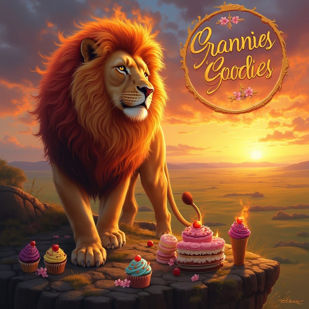 Majestic Lion Surrounded by Vibrant Desserts in a Dramatic S...