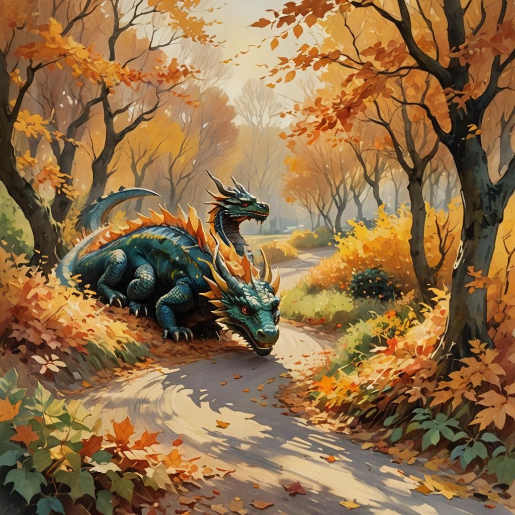 Autumn Dragon on Country Road in Impressionist Style