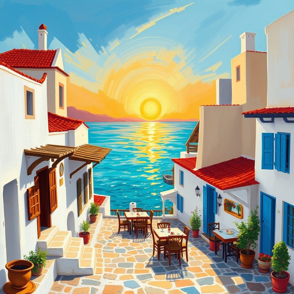 Impressionist Greek Taverna at Sunset