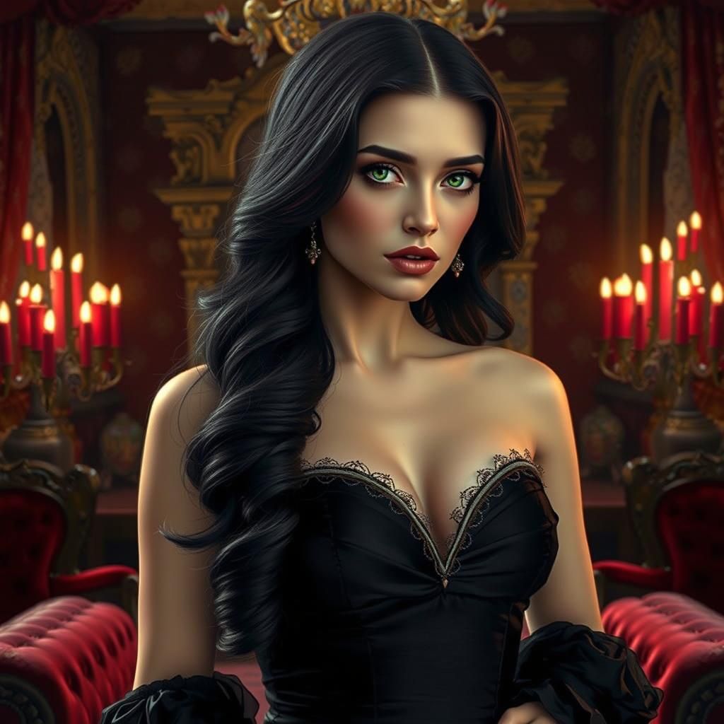 A gigantic prefect photo headshot of a female Vampire Elizabetha dracula wife  with long dracula fangs and low cut dress...