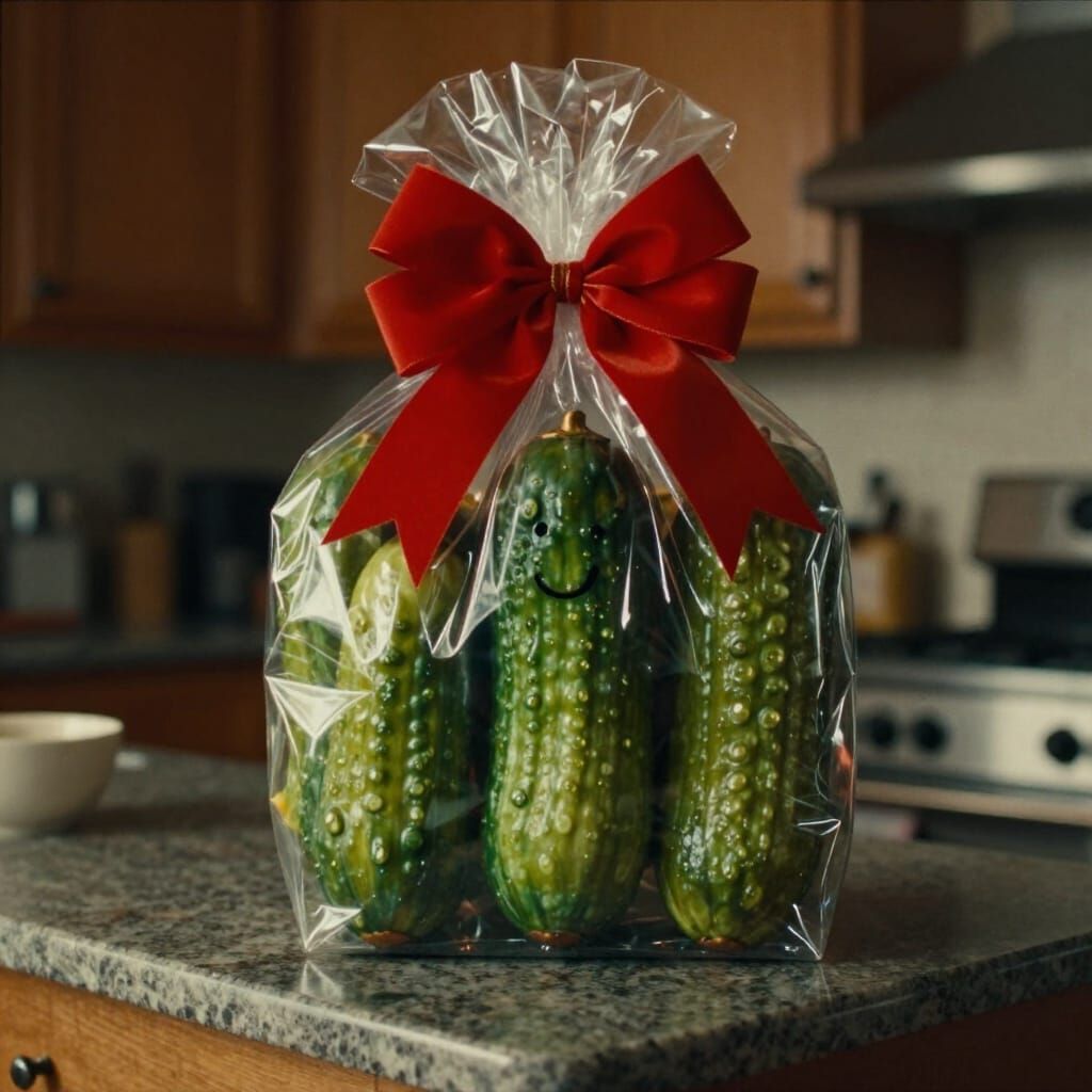Cinematic Christmas Pickle Gift Basket Scene