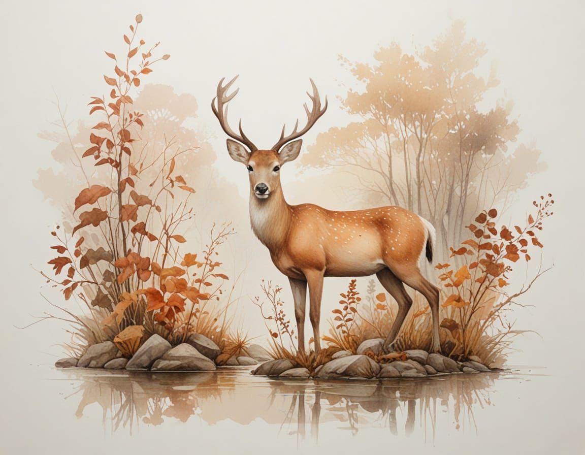 Pastel Deer in Enchanted Misty Forest Glade