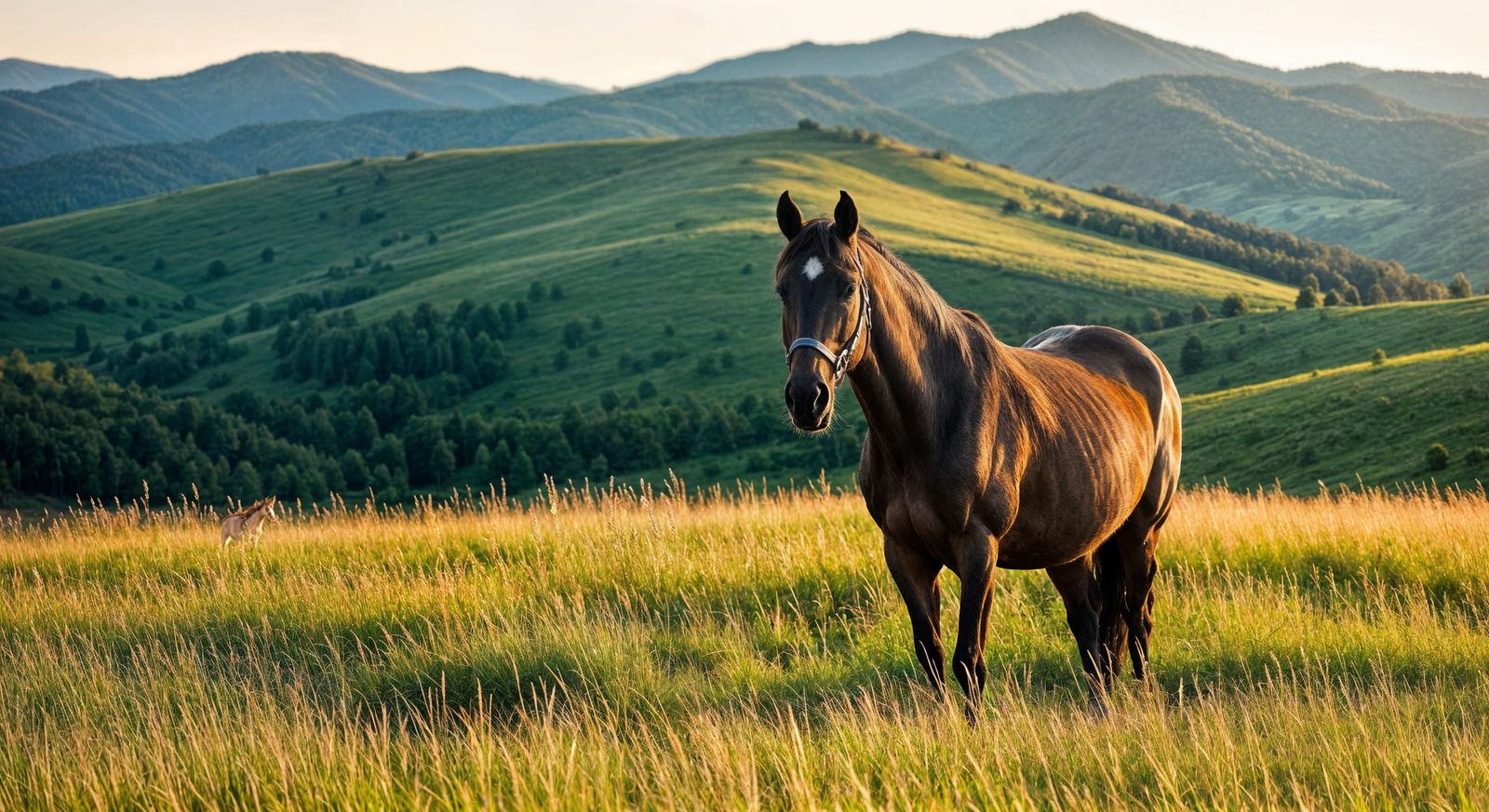 Brown Horse Gazes Over Scenic Summer Mountains