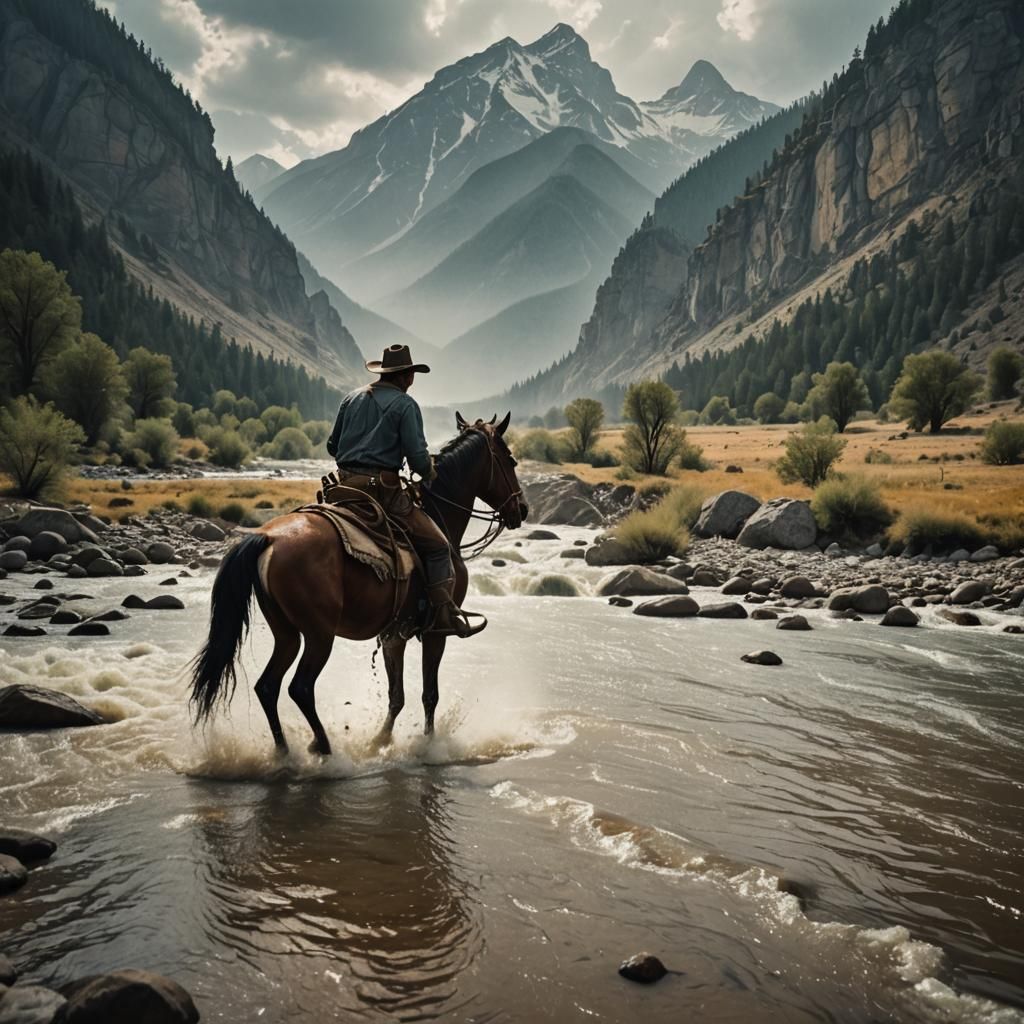 Cowboy Crossing River in Mountains: Cinematic Film Still
