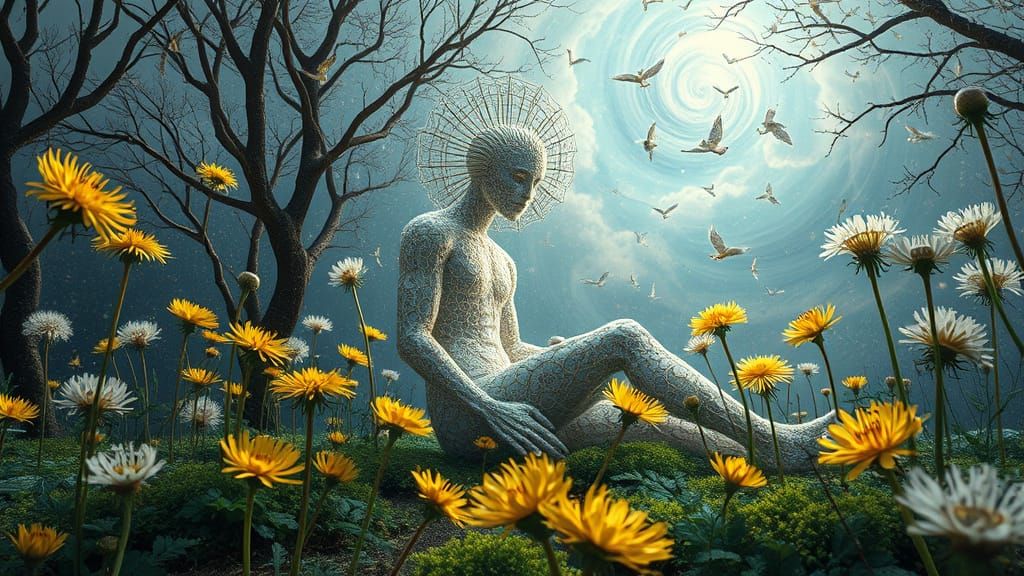 Ethereal Silver Prince Resting Among Dandelions in Bio-Art