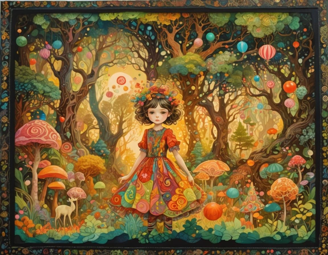 Psychedelic Forest Landscape with Girl in Ornate Dress