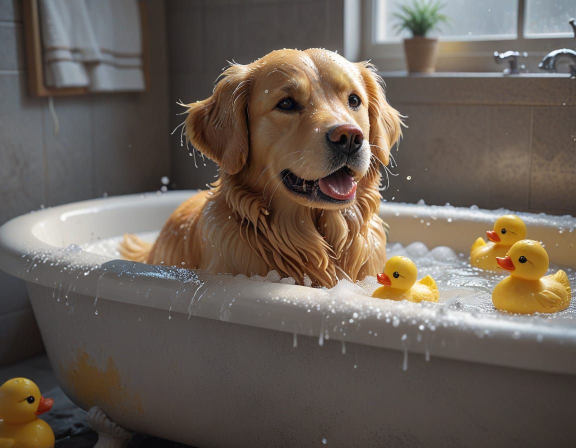Golden Retriever Basks in Anime-Inspired Bath Scene
