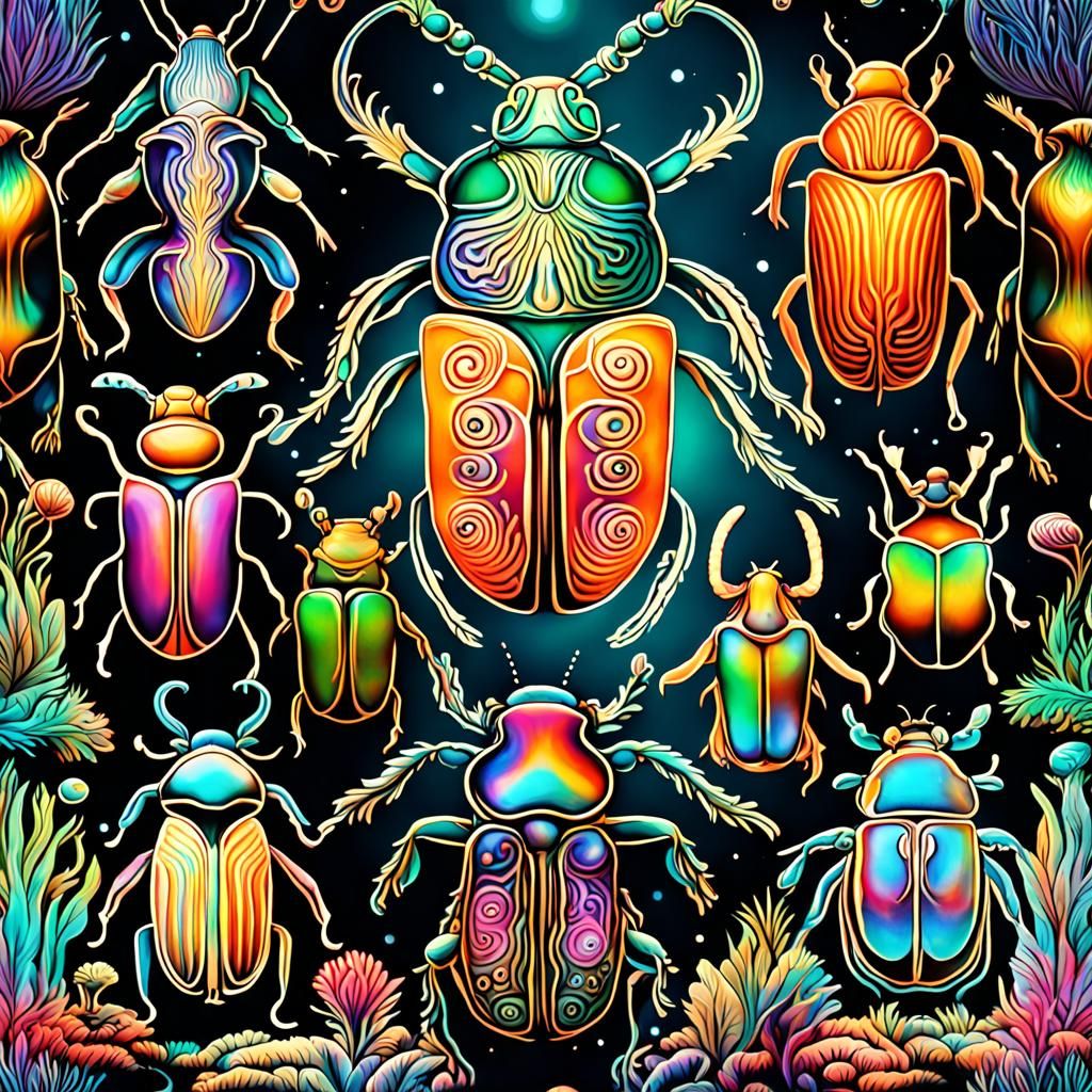 Detailed Beetles on Soil in Cosmic Astral Illustration