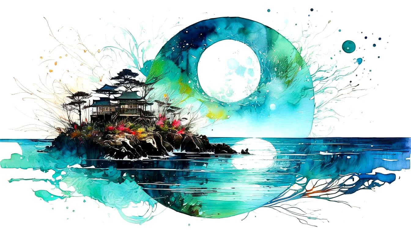 Surreal Moonlit Island Dreamscape as Woodblock Print