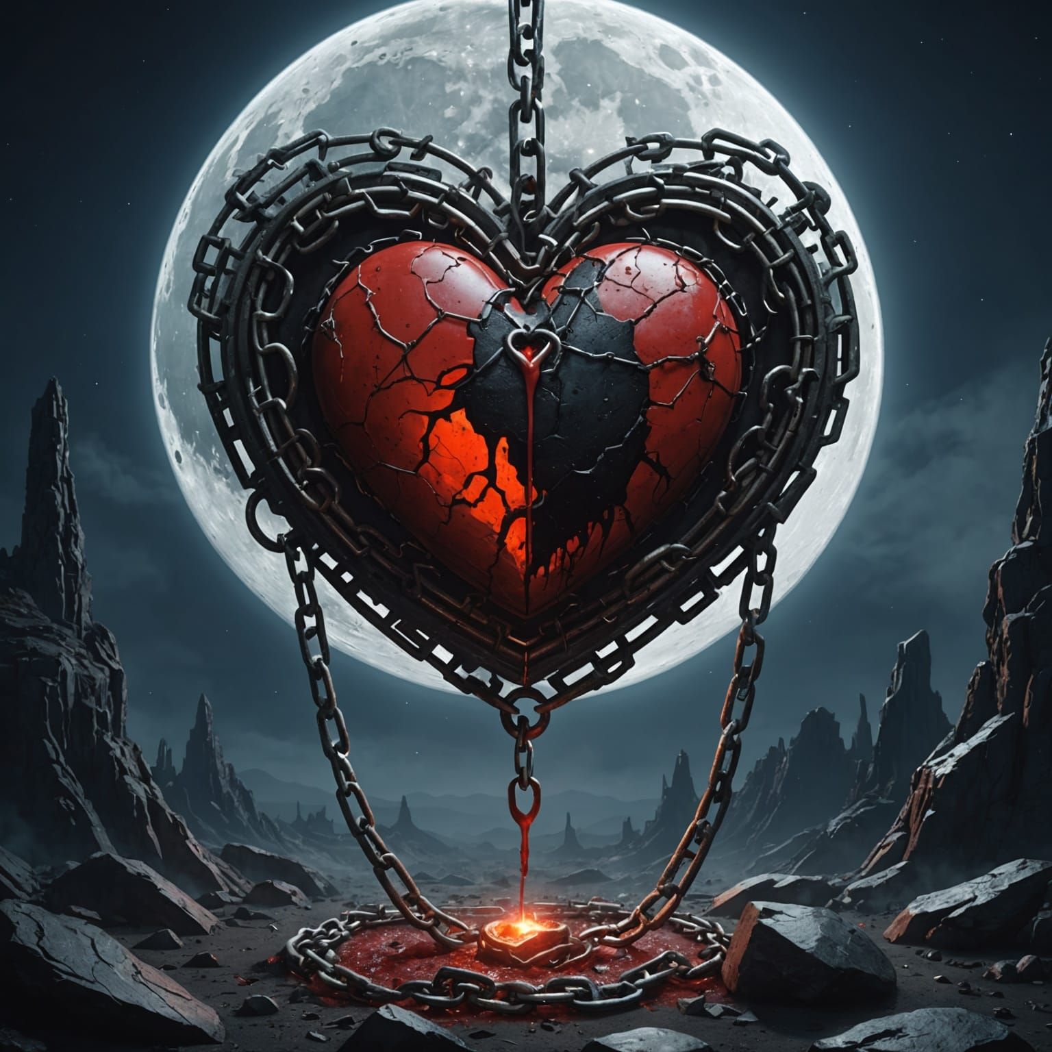 Chained Heart on Full Moon in Detailed Digital Art