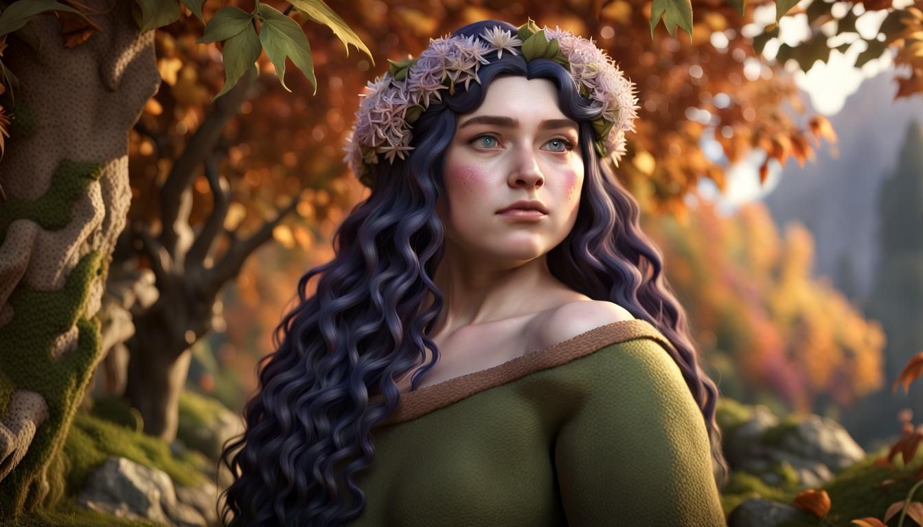 Hobbit Woman Portrait with Autumn Flowers in Fantasy Style