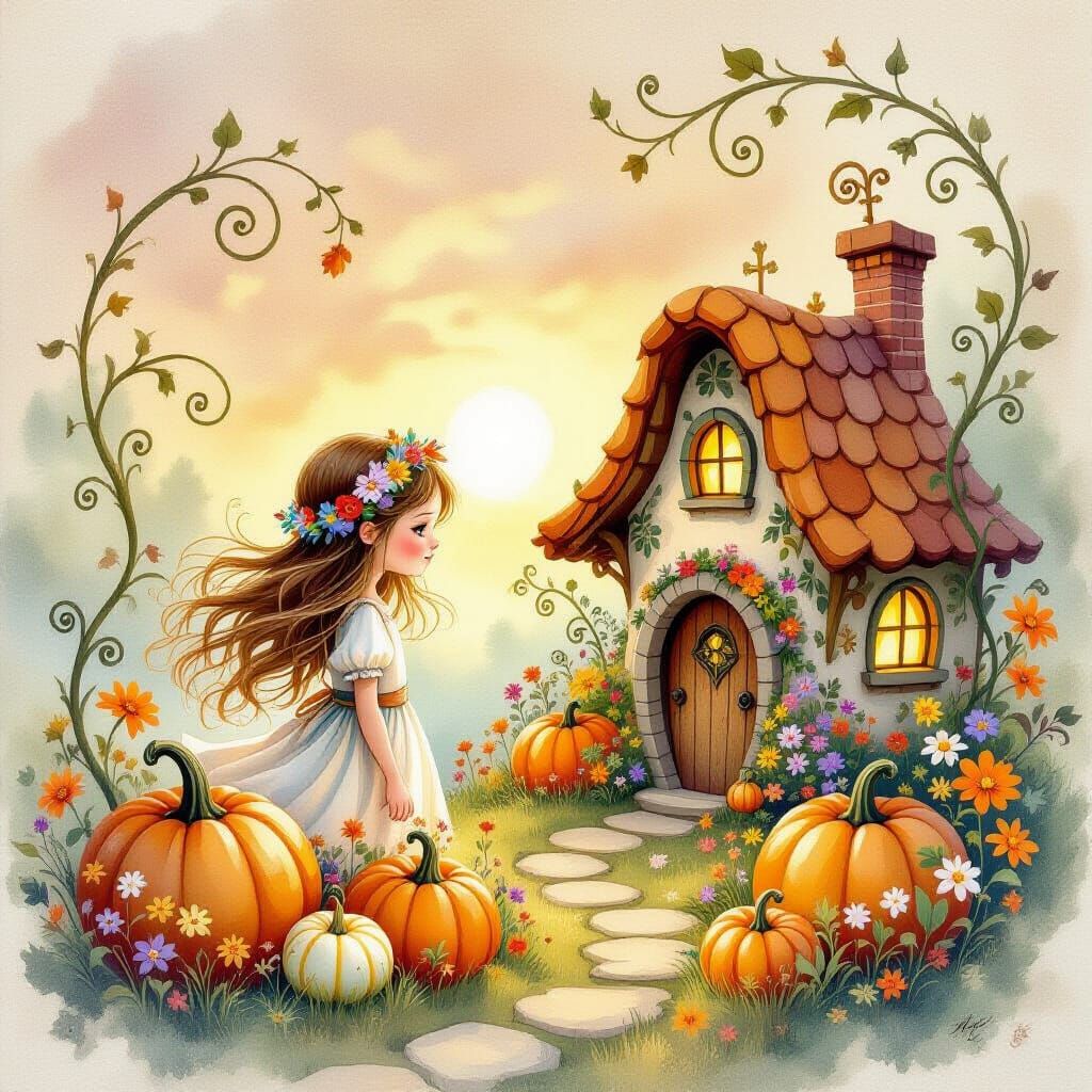 Whimsical Fantasy Girl with Flowers and Enchanted Cottage