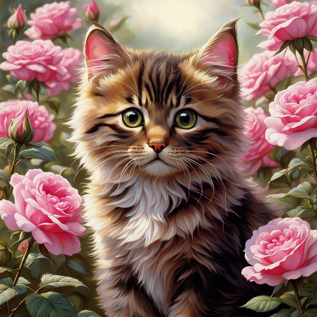 Kitten Amidst Vibrant Pink Roses in a Whimsical Artistic Sty...