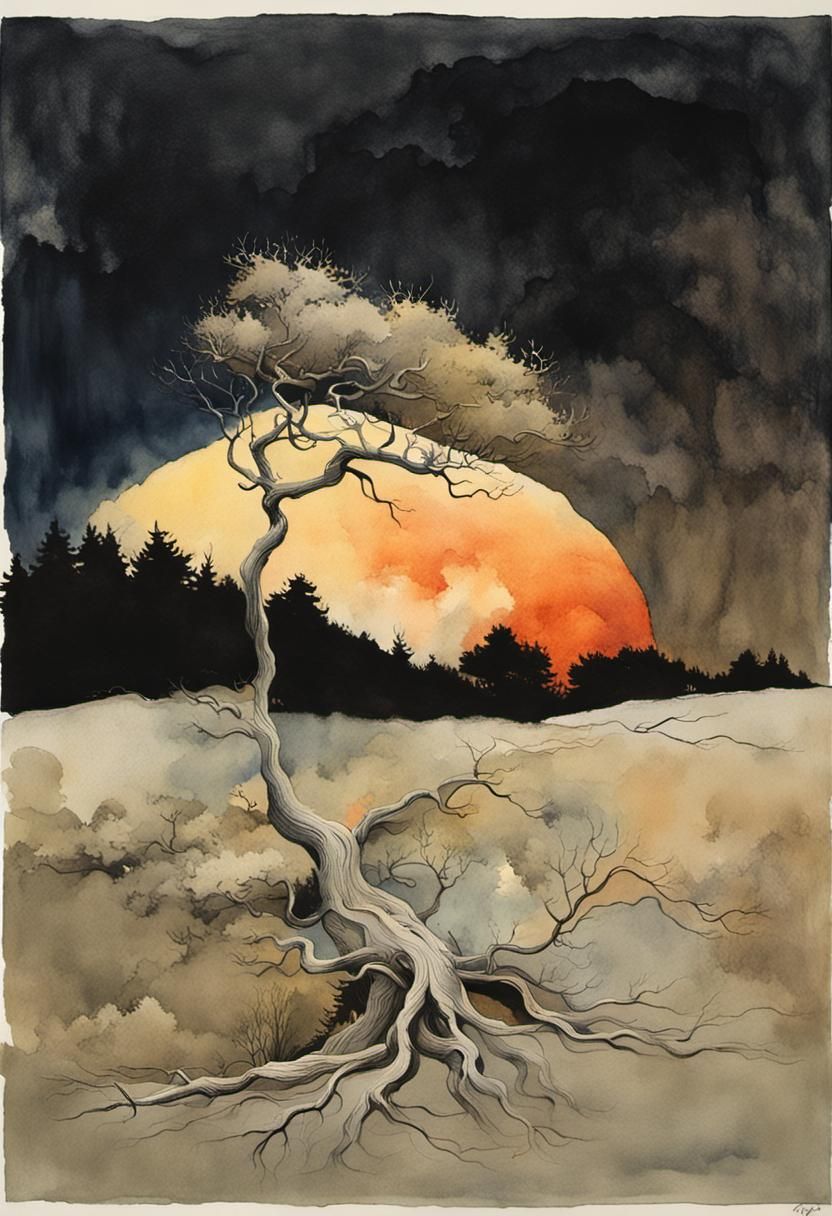 Ancient Tree on Hill in Watercolor Landscape