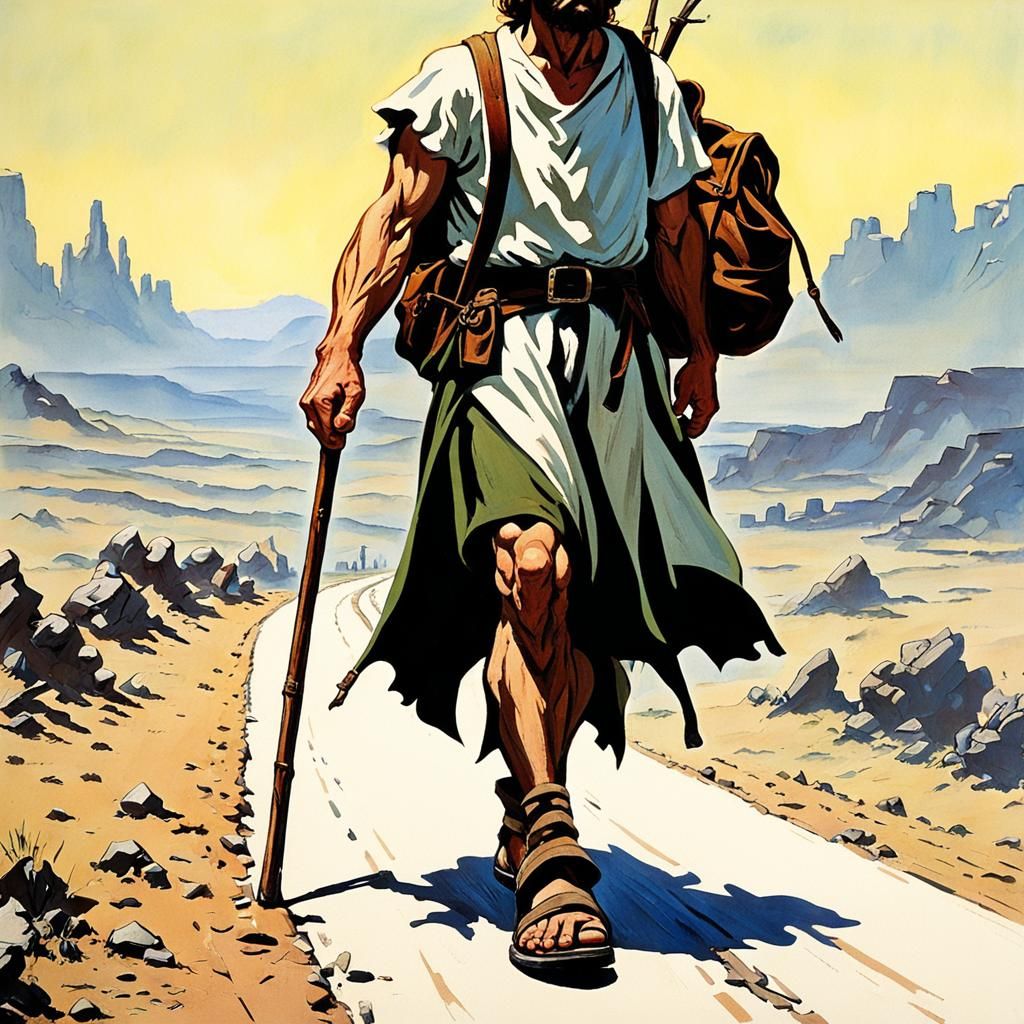 Pilgrim Walks Deserted Road in Frazetta Style