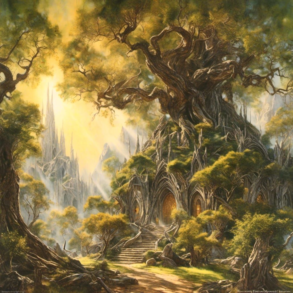 Elven City in Giant Trees with Golden Sunlight