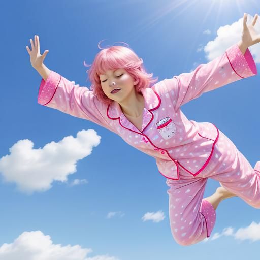 Giant Pink Pajama Sleepwalking in Sunny Sky